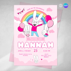 Invitación conejo simon, invitaciones editables canva, invitaciones simon rabbit, simon party, conejito rosa