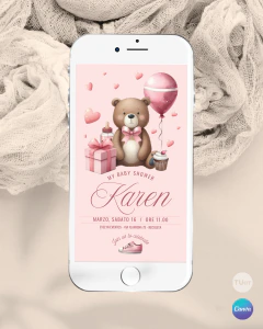 Plantilla de invitación, texto editable canva, oso acuarela, bear party,, tonos rosas - tienda online