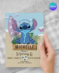 Invitacion editable, invitación stitch, invitaciones canva editable, cumple stitch celeste, birthday stitch, invitation template