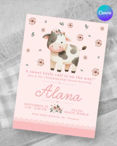 Invitacion editable, invitación vaca flores rosas, invitaciones canva editable, cumple vaquita, baby shower, invitation template - tienda online