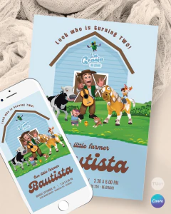Invitacion animales de la granja zenon celeste texto editable canva tukit