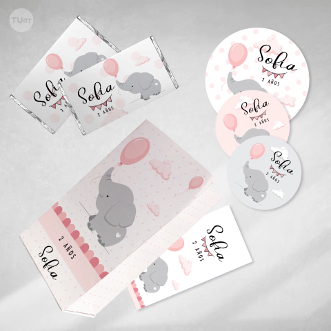 Kit imprimible elefante bebe gris rosa candy bar tukit