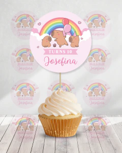 Adorno para cupcakes, capibaras carpincho, texto editable canva tukit en internet