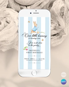 Invitación para cumple un año, texto editable canva, peter rabbit, rabbit party, conejo tukit - TuKit