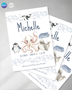 Invitacion animales del mar acuarela texto editable canva cumples pulpo pinguino tukit - TuKit