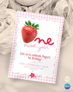 Invitación para cumple un año, texto editable canva, frutillas, strawberry party tukit en internet