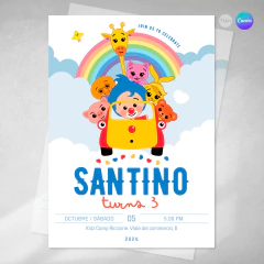 Invitación plim plim auto y amigos, invitaciones canva editable, cumple plim plim, birthday payaso, invitation template