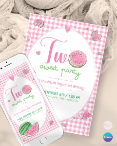 Plantilla de invitación, texto editable canva, sandias acuarela, watermelon party,, tonos rosas y verdes