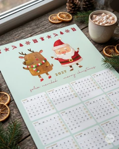 Almanaque imprimible, calendario navidad, merry christmas papa noel y reno