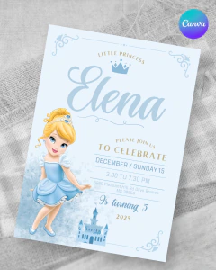 Plantilla de invitación, texto editable canva, princesa cenicienta, baby princess party, tonos celestes en internet