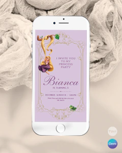 Invitación para cumple años, texto editable canva, princesa rapunzel, princess party, marco dorado tukit - TuKit