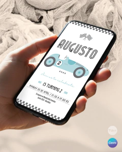 Invitacion editable auto, invitación auto retro, invitaciones canva editable, cumpleaños auto carrera, race tukit - comprar online