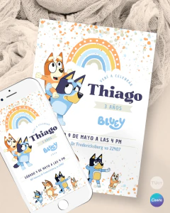Invitación perritos bluey, texto editables canva, invitaciones tukit