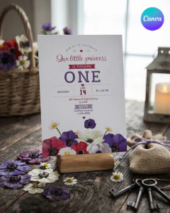 Plantilla de invitación, texto editable canva, flores amapolas, flowers party, tonos rojos y violetas - tienda online