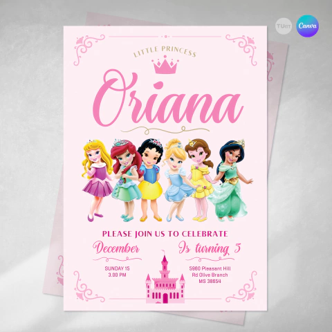 Invitacion editable, invitación princesas niñas, invitaciones canva editable, cumple princesa, birthday princess, invitation template