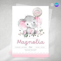 Invitacion elefante rosa, invitación elefantito bebe, baby shower, elephant party, texto editable canva