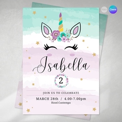 Invitacion unicornio lila, texto editable canva, unicorn party tukit - comprar online