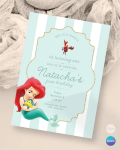 Plantilla de invitación, texto editable canva, princesa ariel sirenita, princess party, rayas tonos aguamarina marco dorado en internet