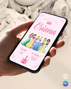 Plantilla de invitación, texto editable canva, varias princesas, princess party, tonos rosas - comprar online