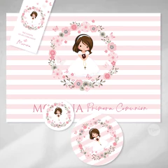 Kit imprimible bautismo comunión nena flores rayas tukit - (copia) - TuKit