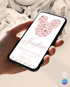 Plantilla de invitación, texto editable canva, minnie mickey silueta, flowers party, tonos rosas - comprar online