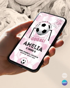 Plantilla de invitación, texto editable canva, camiseta de futbol, soccer party, trama tonos rosas - comprar online