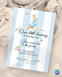 Invitación para cumple un año, texto editable canva, peter rabbit, rabbit party, conejo tukit en internet