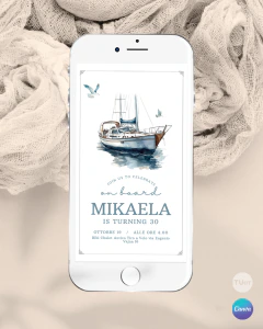 Invitación para cumple años, texto editable canva, bote abierto acuarela, party on board tukit - tienda online
