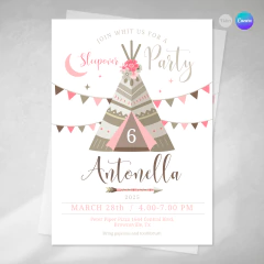 Invitacion pijamada rosa, texto editable canva, sleepover party tukit - comprar online