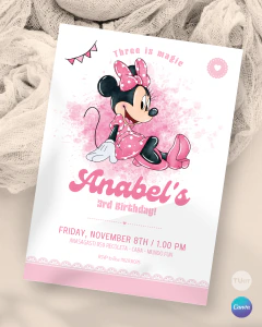 Invitación para cumple años, texto editable canva, minnie acuarela sentada, minnie party tukit en internet