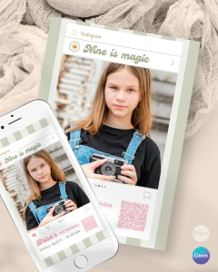 Invitación de cumpleaños, perfil de redes, nine is magic, template con foto, invitación redes con qr, texto editable canva