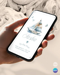Invitación para cumple años, texto editable canva, barco acuarela, ship party tukit - comprar online