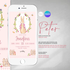 Invitacion peter rabbit rosa texto editable canva tukit - comprar online