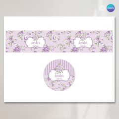Etiqueta flores lilas, souvenir tin label, plantilla canva, etiqueta para personalizar latas, etiqueta texto editable - tienda online