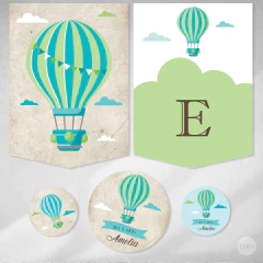 Kit imprimible globo aerostatico vintage verde candy bar tukit - TuKit