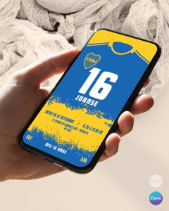 Plantilla de invitación, texto editable canva, camiseta de futbol, soccer party, tonos amarillo y azul - comprar online