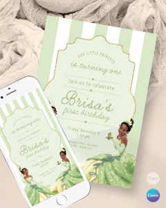 Plantilla de invitación, texto editable canva, princesa y el sapo, princess party, rayas tonos verdes marco dorado