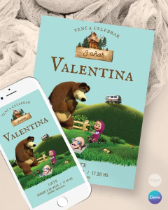 Invitación masha oso, texto editables canva, paisaje tukit