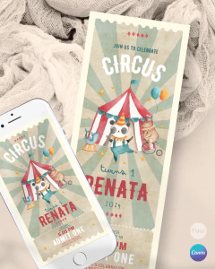 Invitación ticket circo acuarela, invitaciones editables canva, circus party, animales de circo tukit
