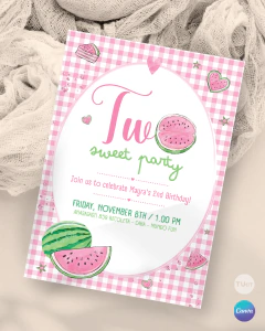 Plantilla de invitación, texto editable canva, sandias acuarela, watermelon party,, tonos rosas y verdes en internet