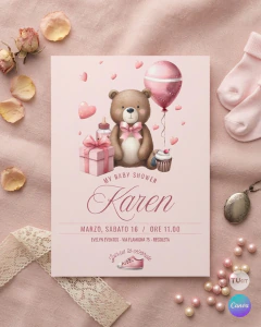 Plantilla de invitación, texto editable canva, oso acuarela, bear party,, tonos rosas - TuKit