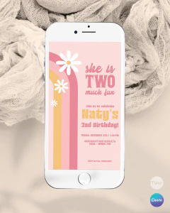 Invitación para cumple 2 años, texto editable canva, arcoiris y margaritas, rainbow party tukit - TuKit