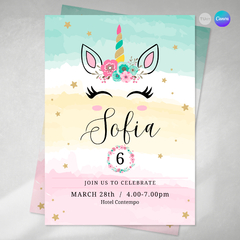 Invitacion unicornio rosa, texto editable canva, unicorn party tukit - comprar online