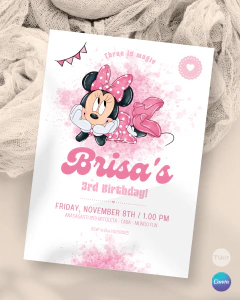 Invitación para cumple años, texto editable canva, minnie acuarela acostada, minnie party tukit en internet
