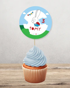 Adorno para cupcakes, simon el conejo, texto editable canva tukit en internet