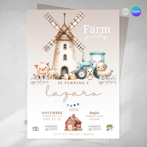 Invitacion editable, invitación animales de la granja, invitaciones canva editable, cumple granja, birthday invitation, template molino beige