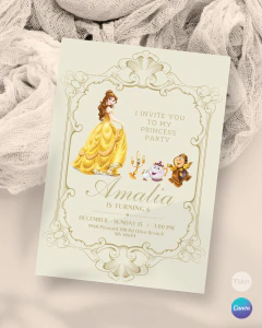 Invitación para cumple años, texto editable canva, princesa bella, princess party, marco dorado tukit en internet