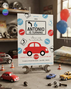 Invitación texto editable canva, auto rojo, invitation template