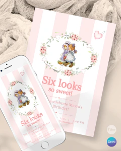 Invitación para cumple un año, texto editable canva, sarah kay, flowers party tukit