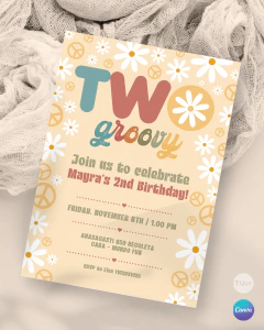 Invitación para cumpleaños , texto editable canva, two groovy, flower party retro